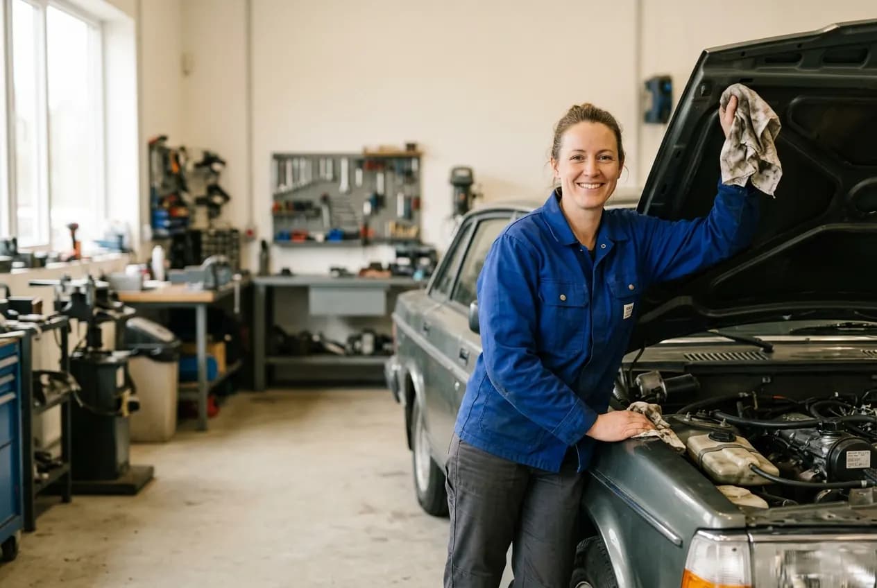A car mechanic in a blue work jacket leans on a car with the hood open, holding a rag