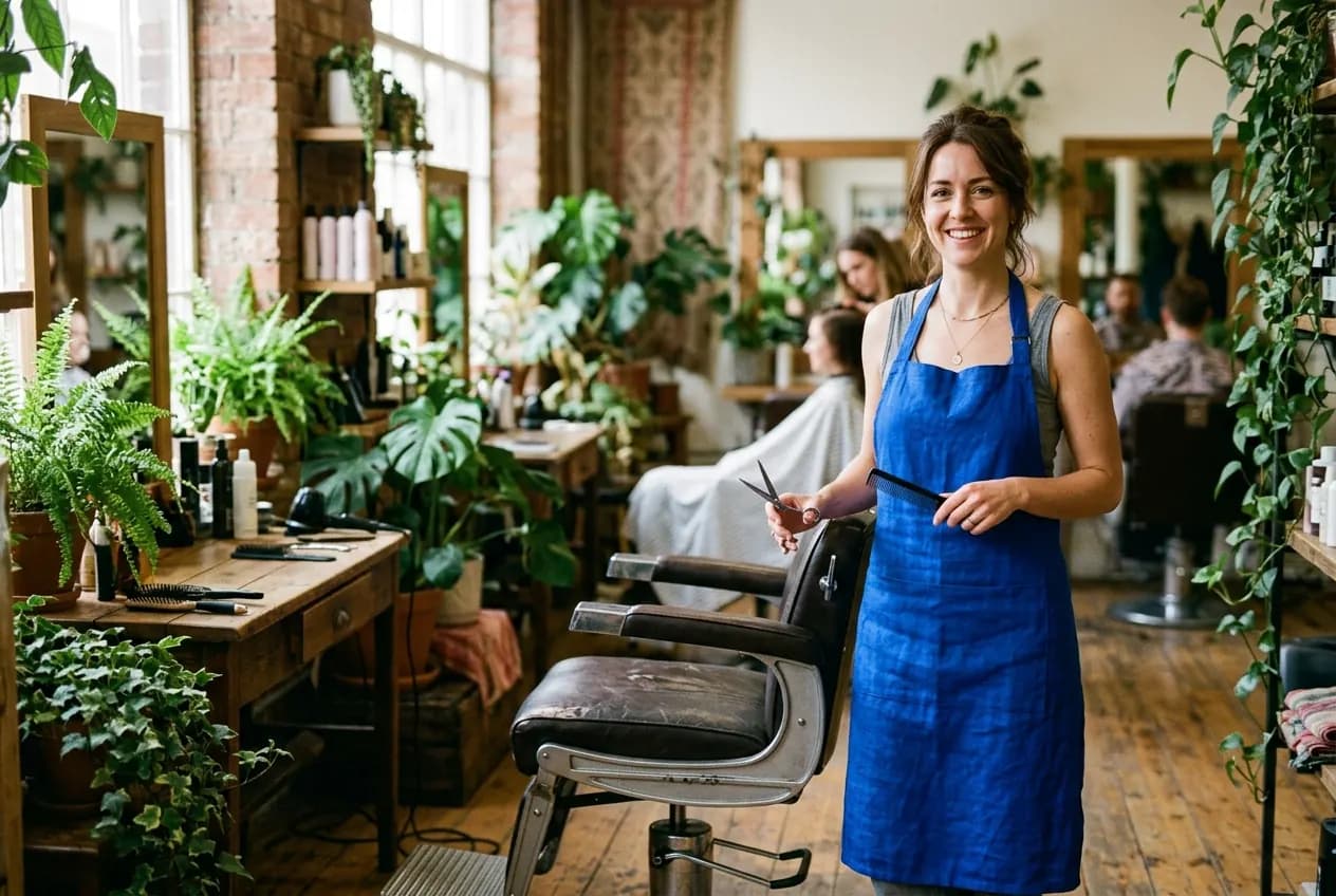 A hairdresser in a blue apron stands with scissors and comb in her bright salon among plants