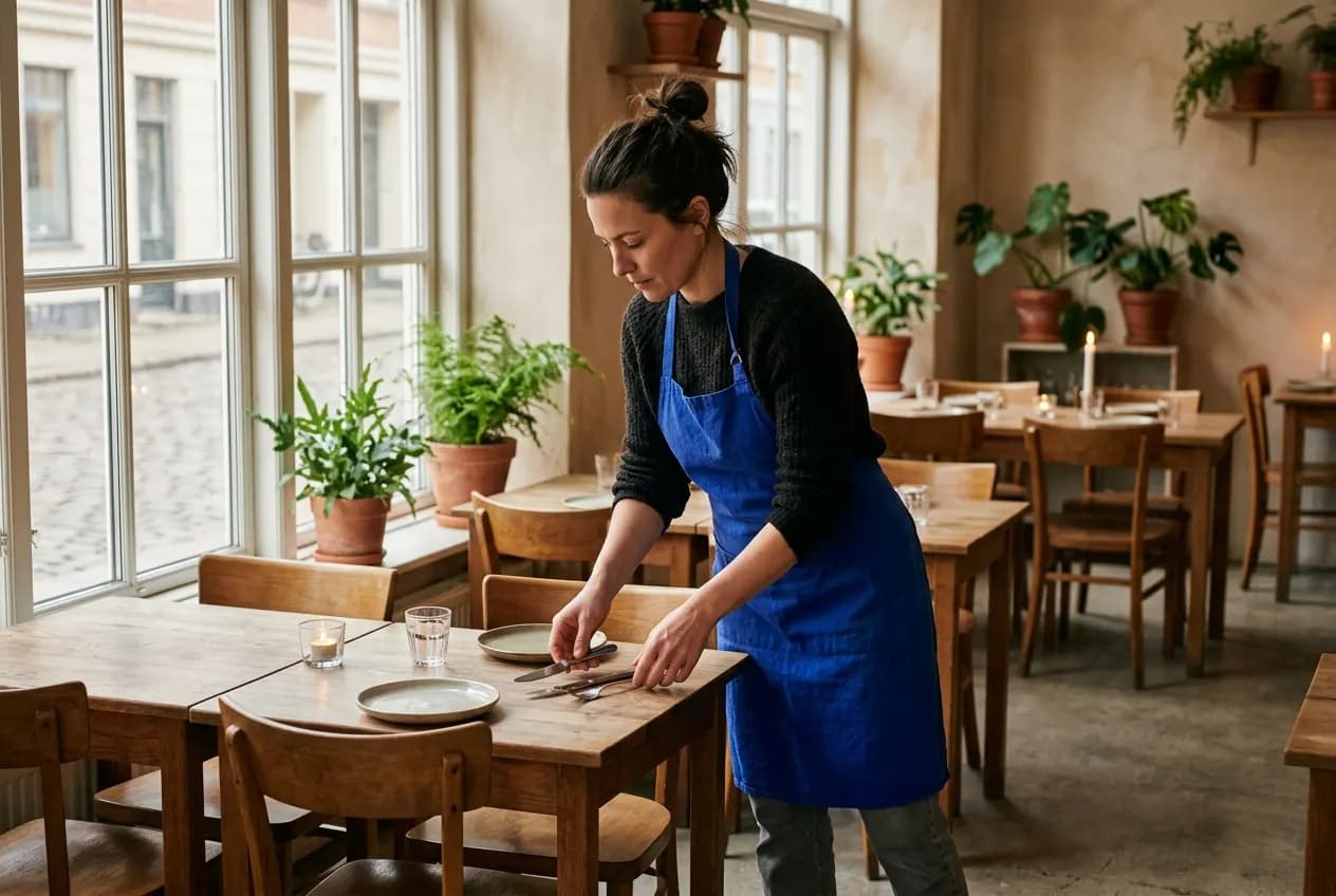 Gastronomin in blauer Schürze deckt in ihrem Bistro vor der Öffnung die Tische ein