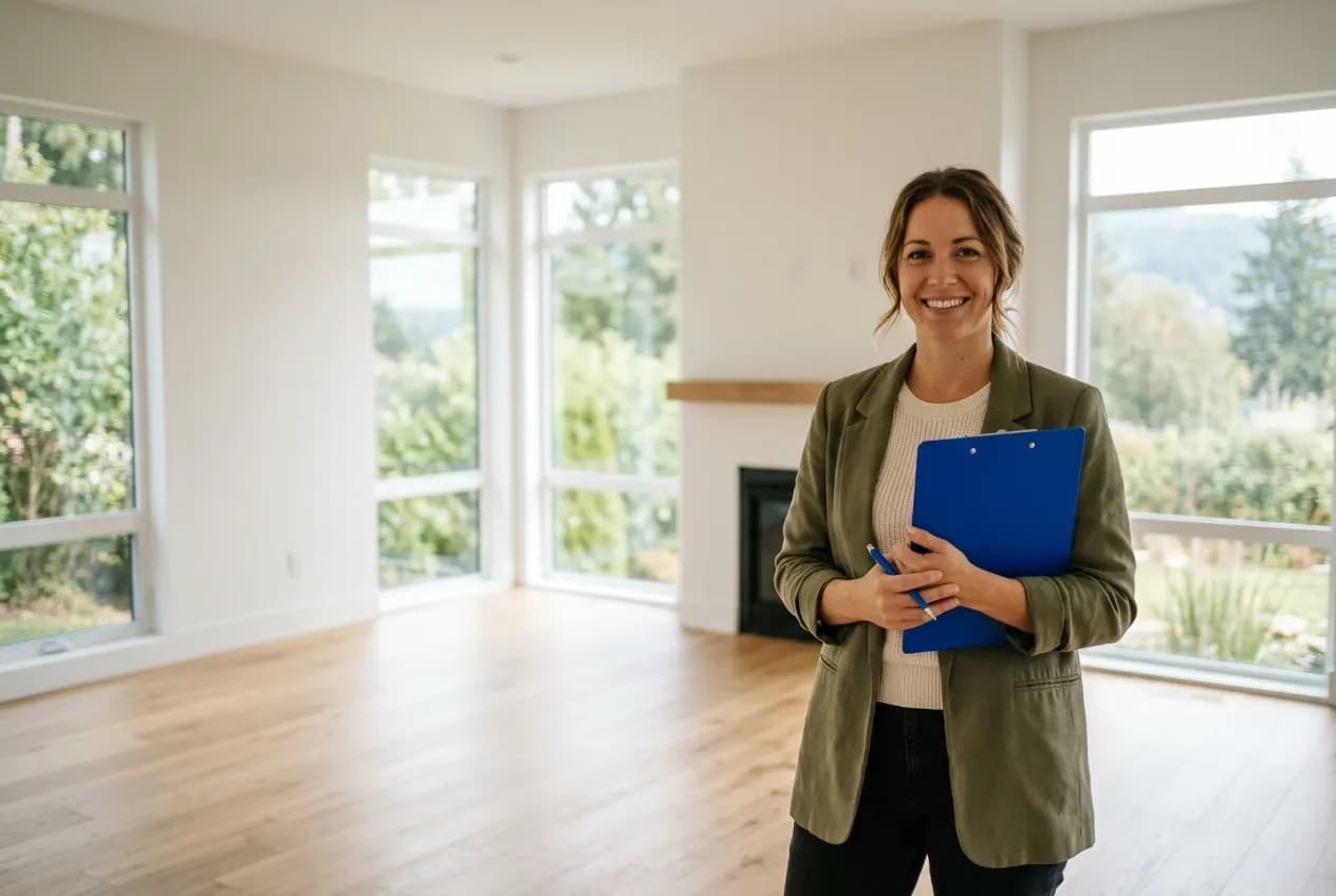 A real estate agent with a blue clipboard stands in a bright, empty living room with large windows