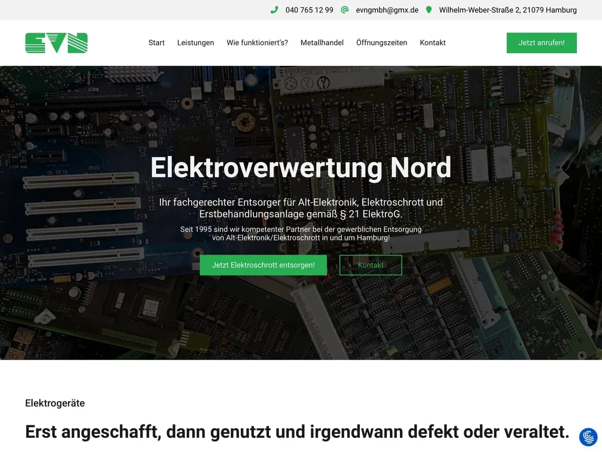Startseite von Elektroverwertung Nord mit Platinen im Hintergrund