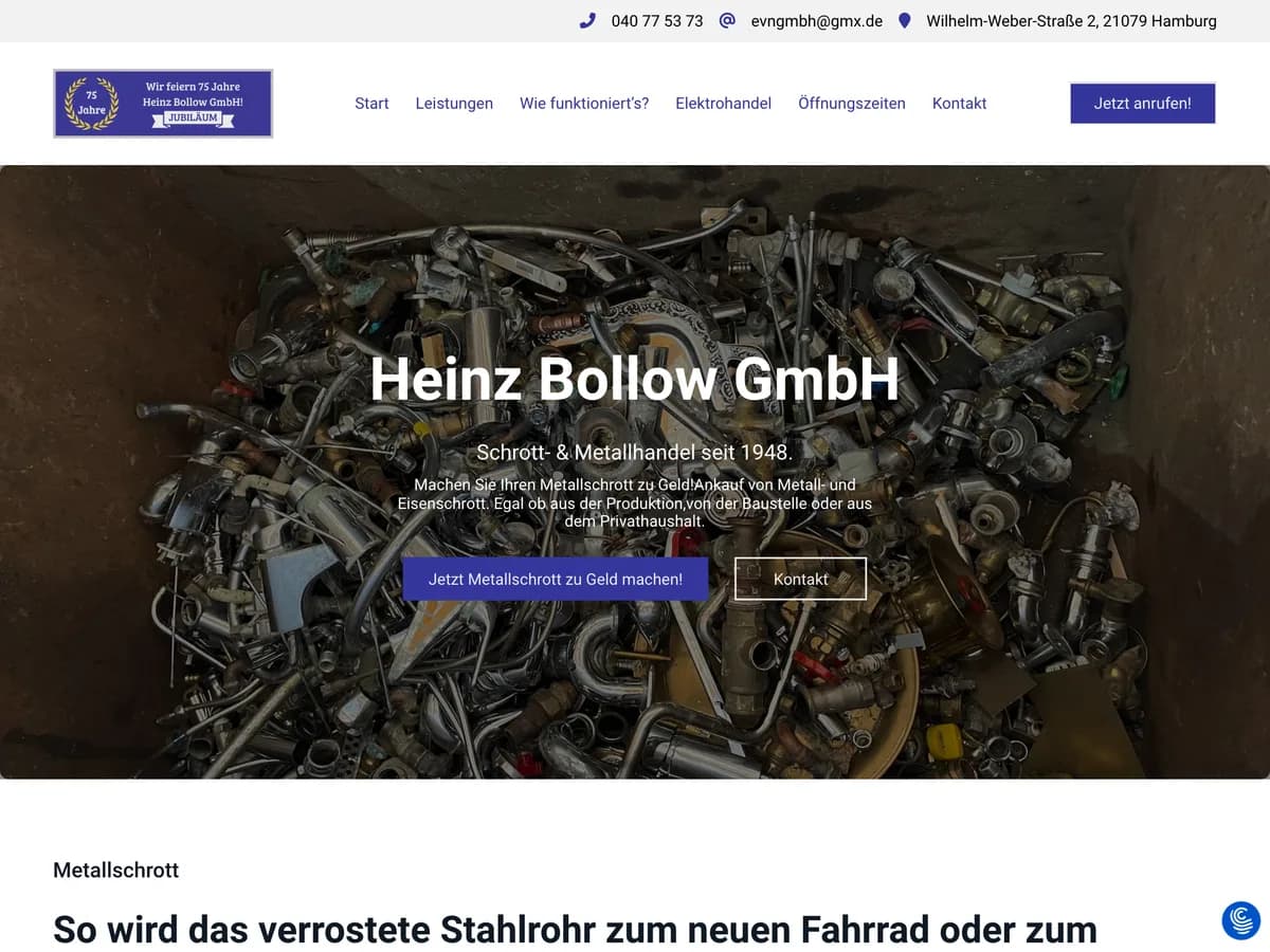 Startseite der Heinz Bollow GmbH mit Metallschrott im Hintergrund
