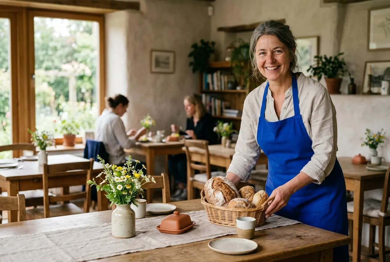 Pensionswirtin in blauer Schürze stellt in ihrem Frühstücksraum einen Korb mit frischem Brot auf den Holztisch
