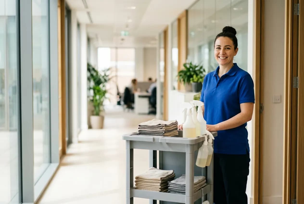 A cleaner in a blue polo shirt stands smiling next to her cleaning trolley in a bright office corridor