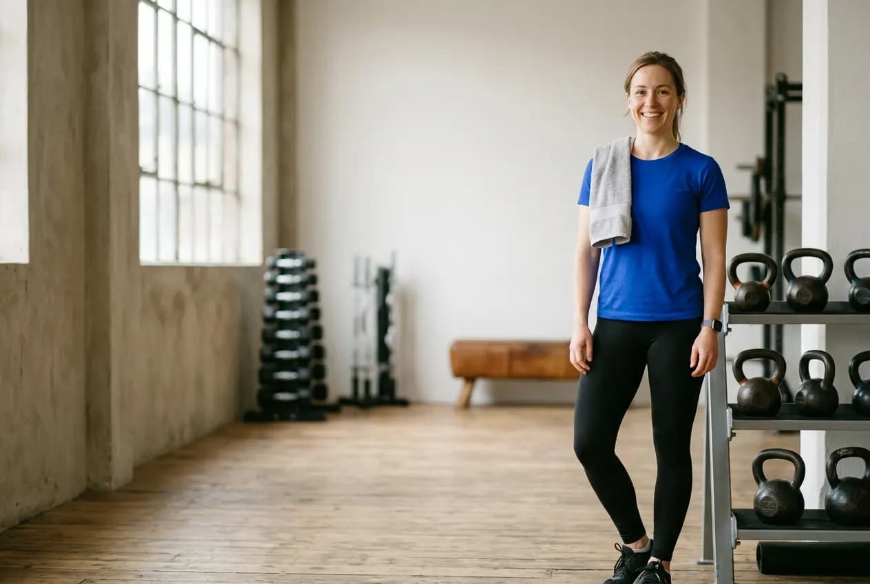 Personal Trainerin in blauem Shirt steht mit einem Handtuch über der Schulter in ihrem hellen Trainingsstudio