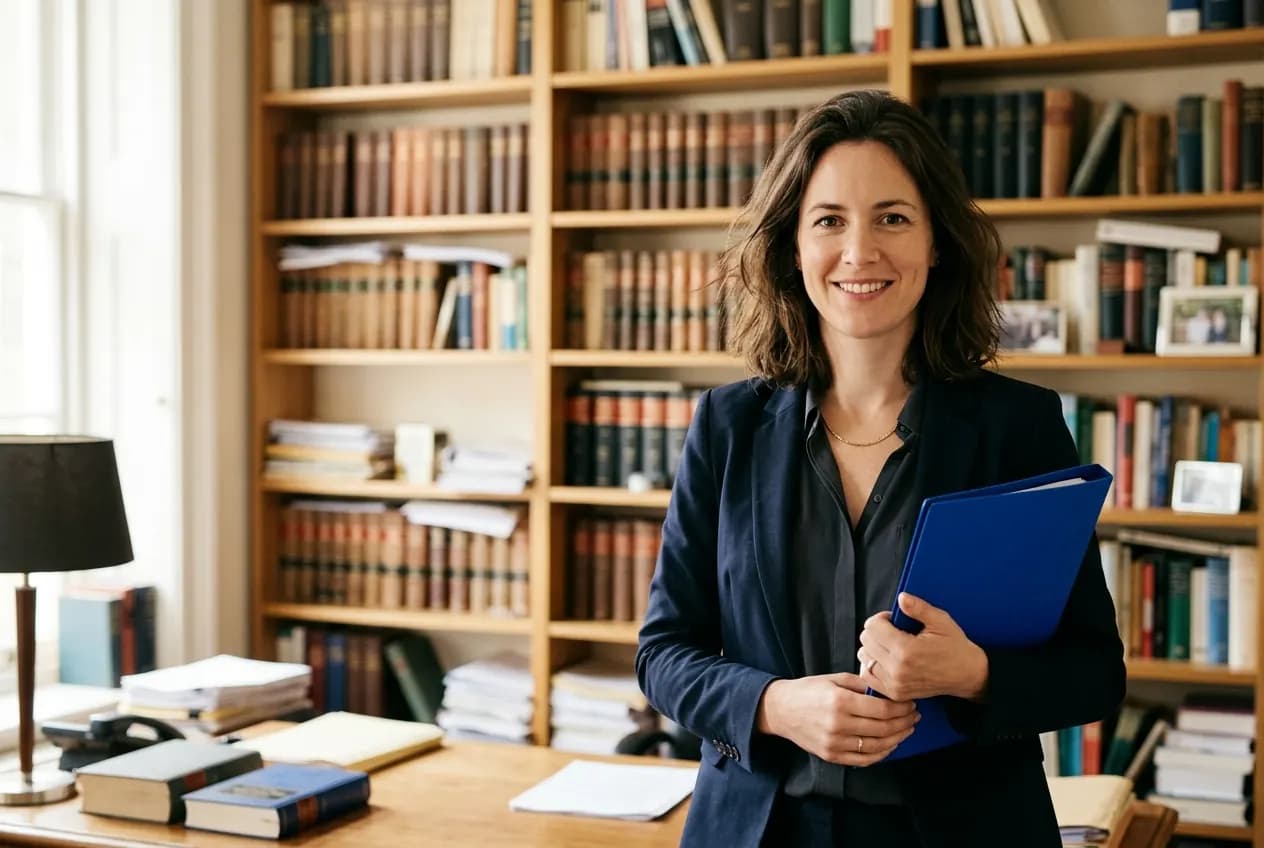 Anwältin im dunklen Blazer steht mit einer blauen Mappe vor einem Bücherregal in ihrer Kanzlei