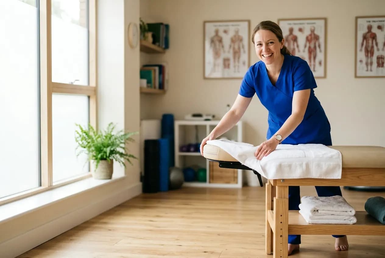 A physiotherapist in blue scrubs prepares the treatment table in her bright treatment room